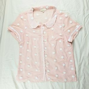 ModCloth Pink Fluffy Polka Dot Button Up Shirt L